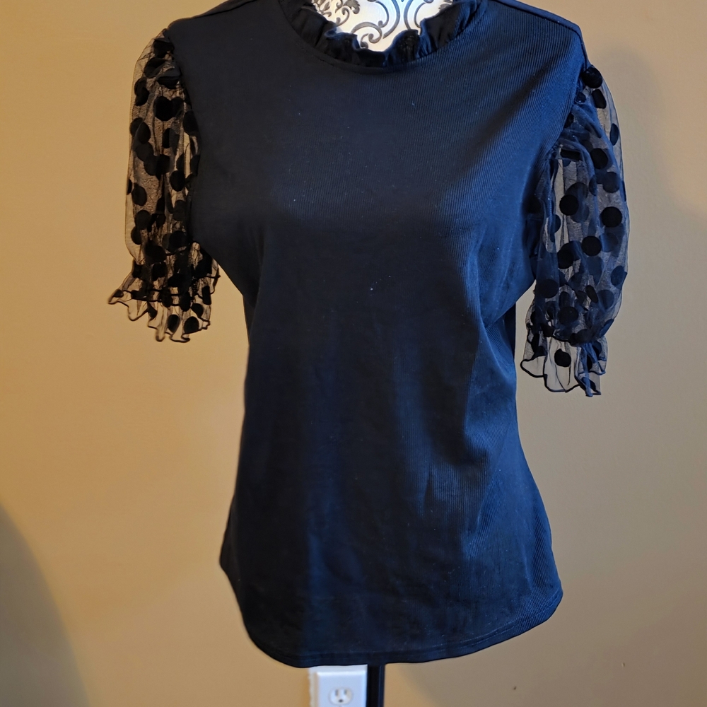 Black Top with Sheer Polka Dot Sleeves